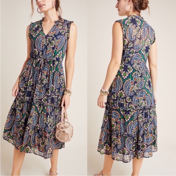 Anthropologie Dresses & Skirts - Anthropologie Elmira Boho Paisley Midi Dress Size 4 Tiered Ruffle Trim Small